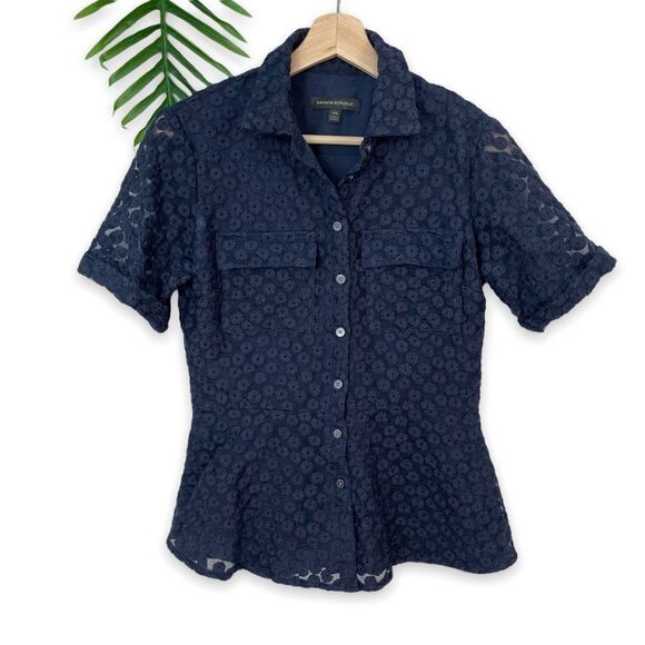 Banana Republic Floral Embroidered Peplum Button-Front Shirt in Navy - Picture 3 of 9